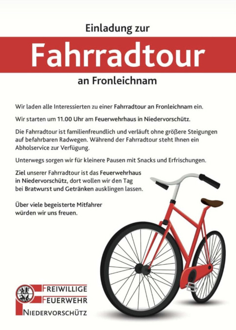 Flyer Fahrradtour an Fronleichnam der Freiwilligen Feuerwehr Niedervorsch�tz